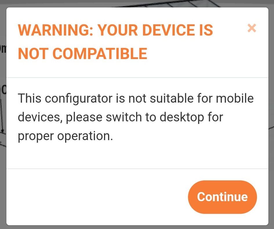 Screenshot, der besagt, dass der Konfigurator nicht an mobilen Geräten genutzt werden kann.